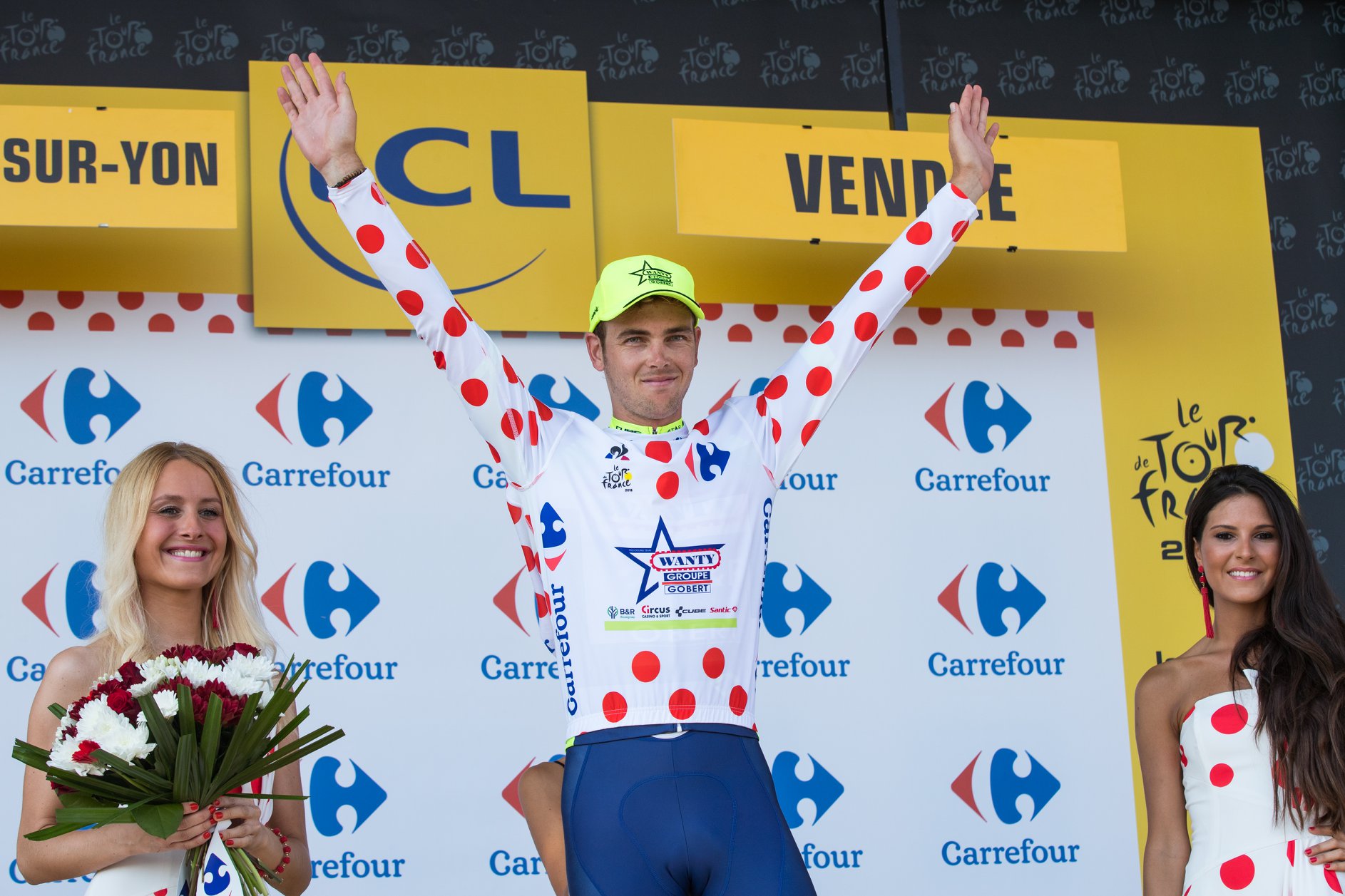 Dion Smith, leader du classement de la Montagne et premier coureur Néo Zélandais à endosser le maillot blanc à pois rouges.